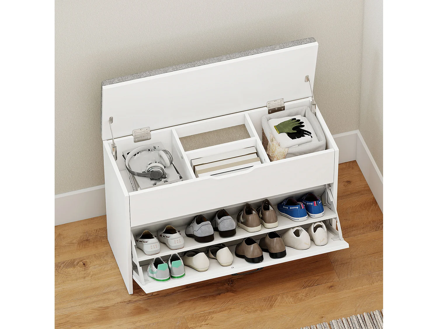 Panca scarpiera cassetto a ribalta e contenitore per 8 paia di scarpe