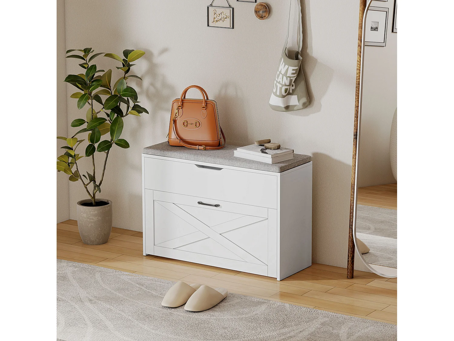 Panca scarpiera cassetto a ribalta e contenitore per 8 paia di scarpe