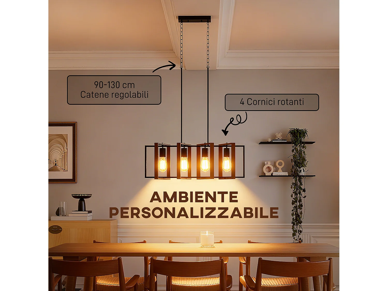 Lampadario a sospensione rustico con 4 cornici girevoli nero marrone