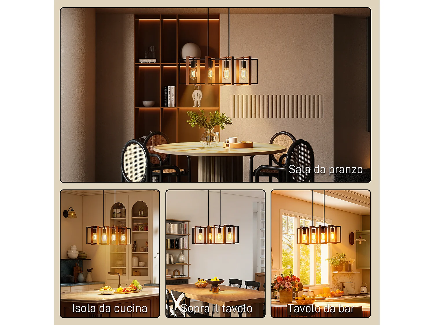 Lampadario a sospensione rustico con 4 cornici girevoli nero marrone