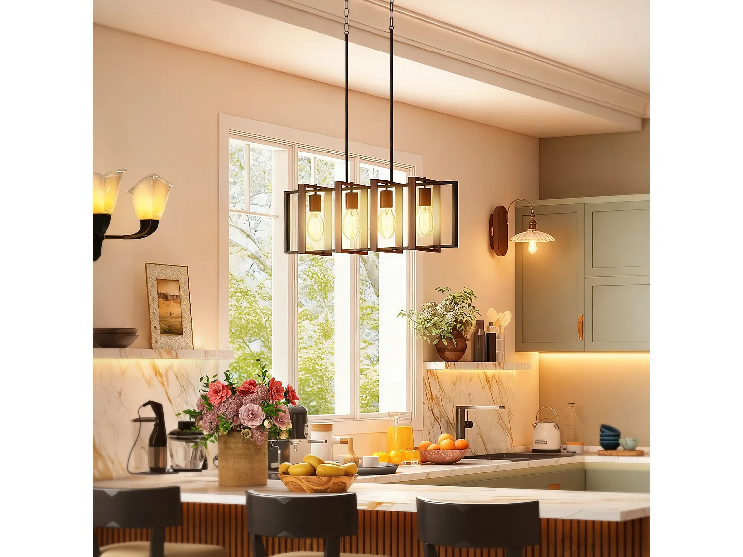 Lampadario a sospensione rustico con 4 cornici girevoli nero marrone