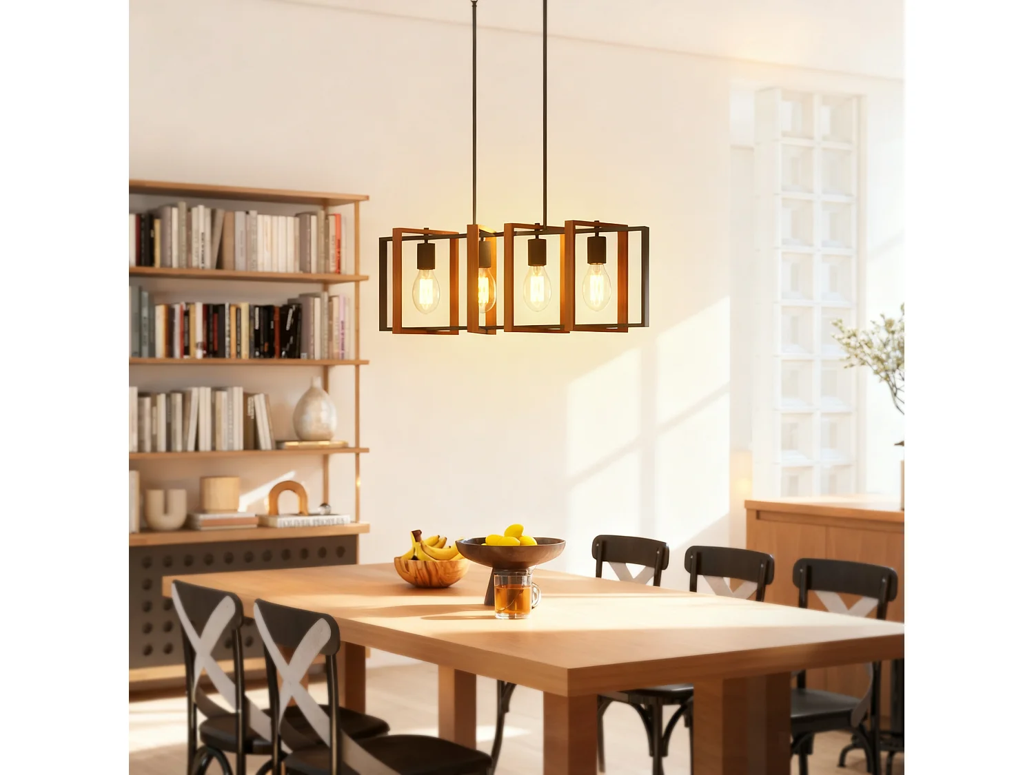 Lampadario a sospensione rustico con 4 cornici girevoli nero marrone