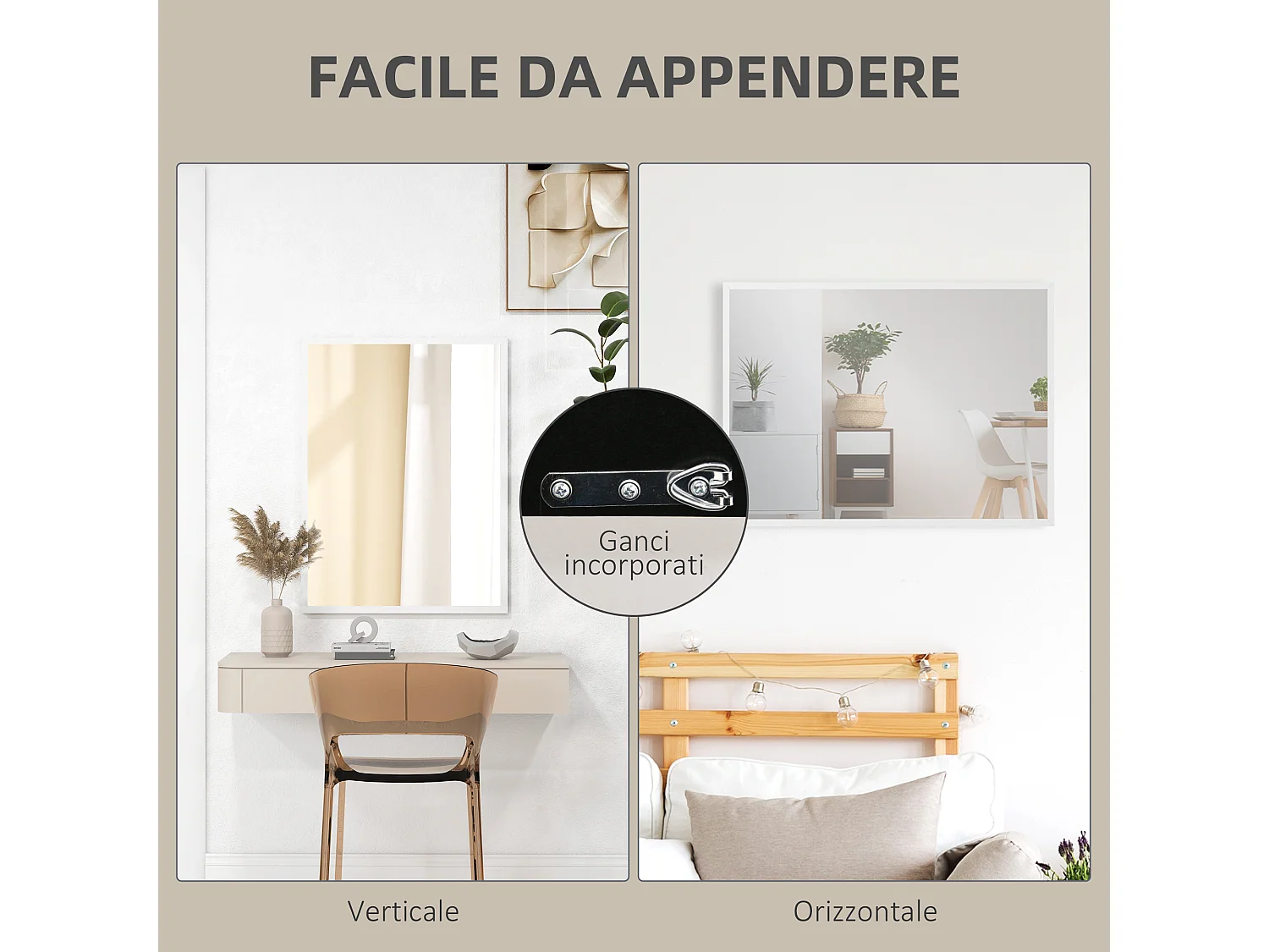 Specchio da parete rettangolare in vetro mdf con ganci 60x80cm bianco