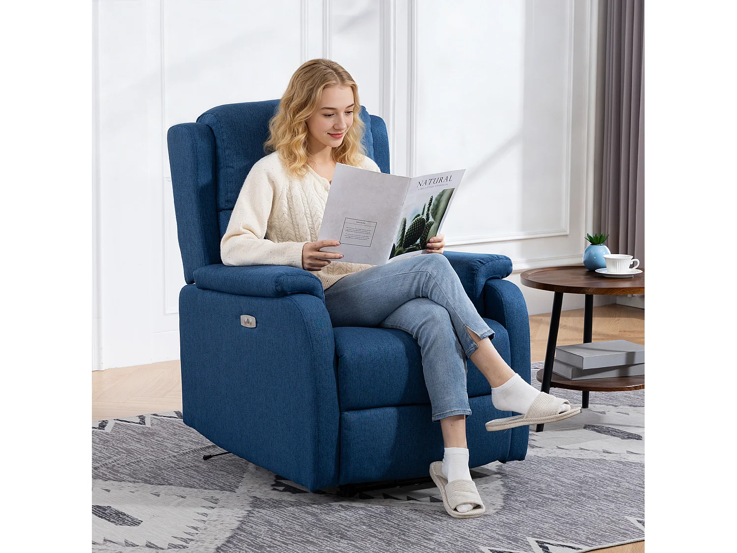 Poltrona reclinabile elettrica con poggiapiedi tessuto blu