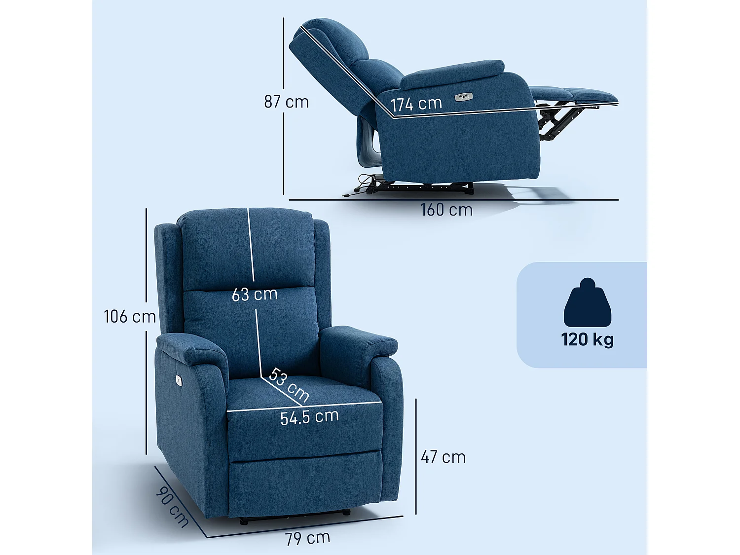 Poltrona reclinabile elettrica con poggiapiedi tessuto blu