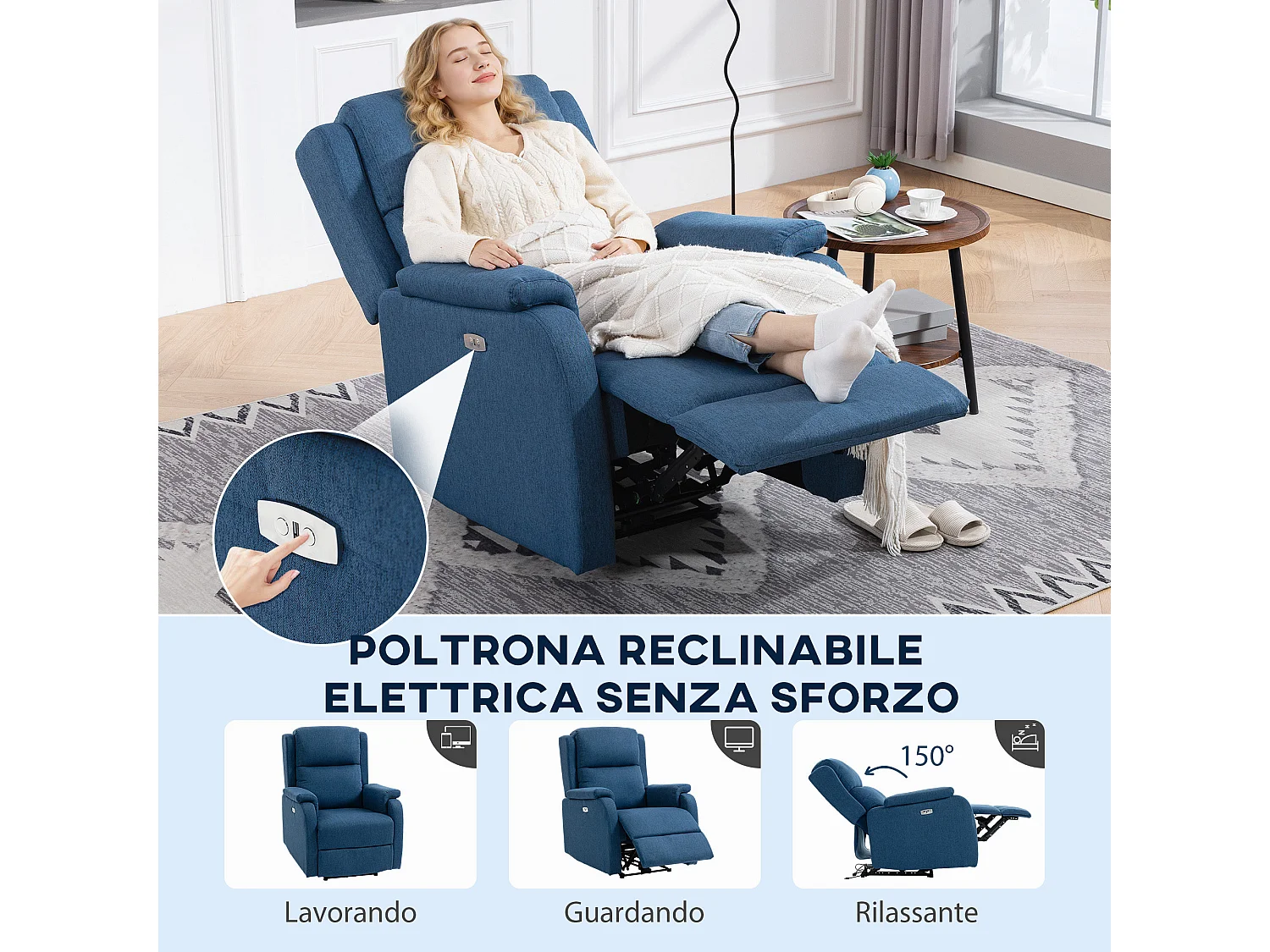 Poltrona reclinabile elettrica con poggiapiedi tessuto blu