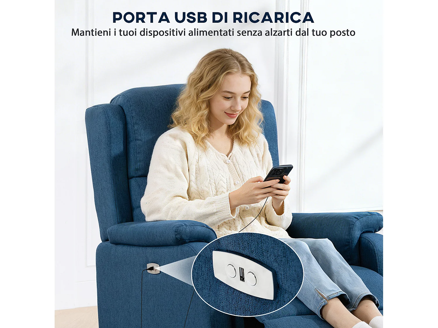 Poltrona reclinabile elettrica con poggiapiedi tessuto blu