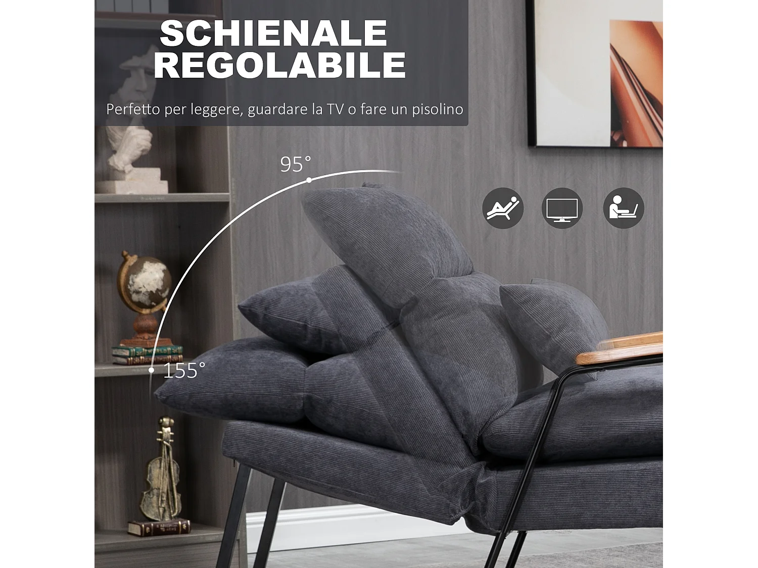 Poltrona relax reclinabile con pouf poggiapiedi in velluto