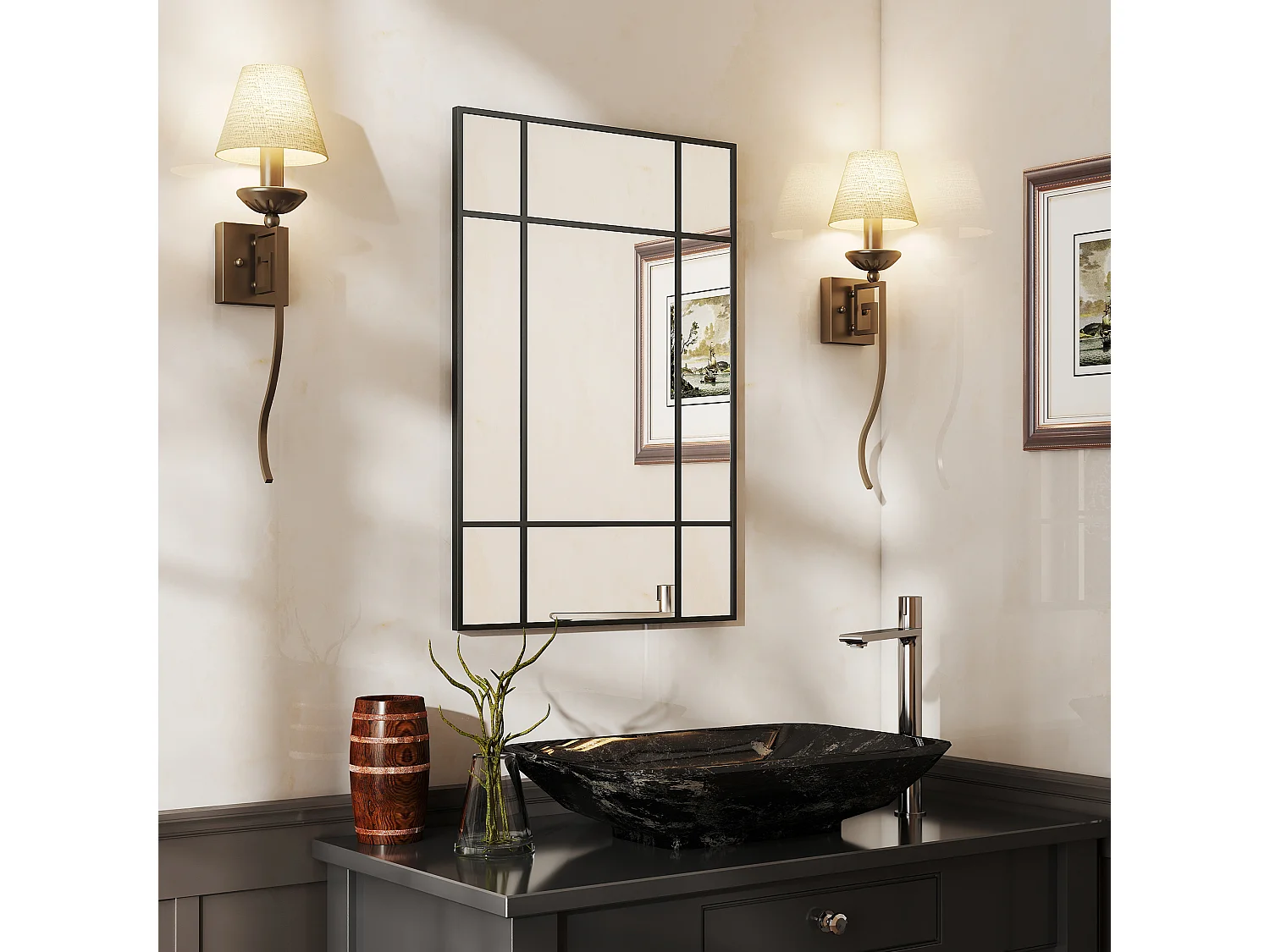 Specchio da parete stile finestra verticale orizzontale 90x60 cm nero