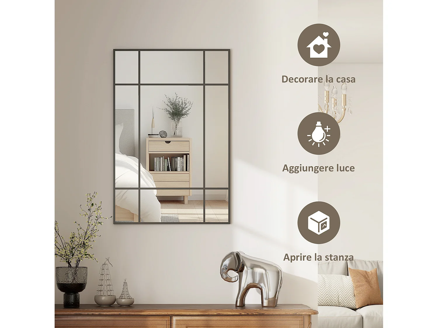 Specchio da parete stile finestra verticale orizzontale 90x60 cm nero