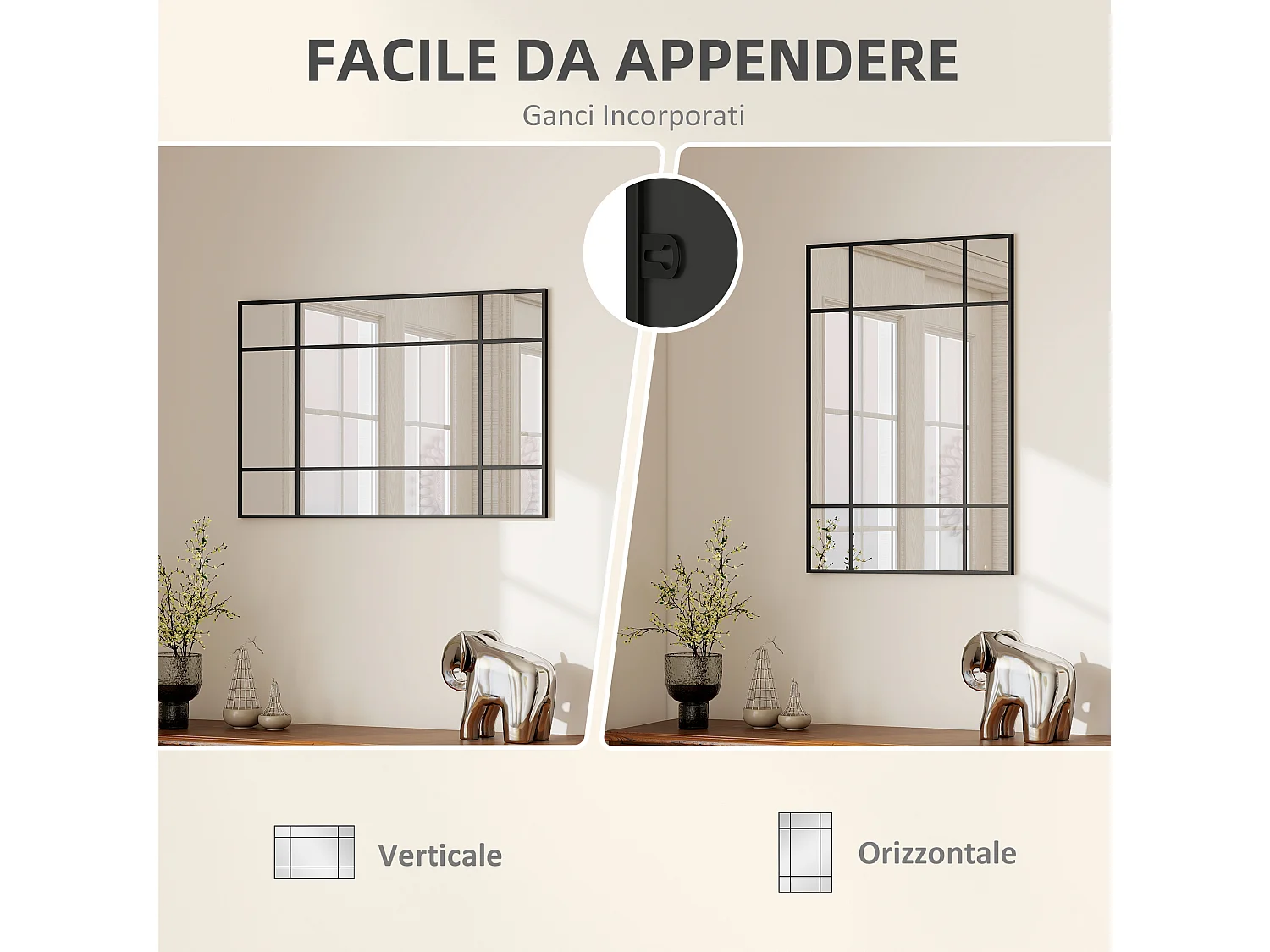 Specchio da parete stile finestra verticale orizzontale 90x60 cm nero