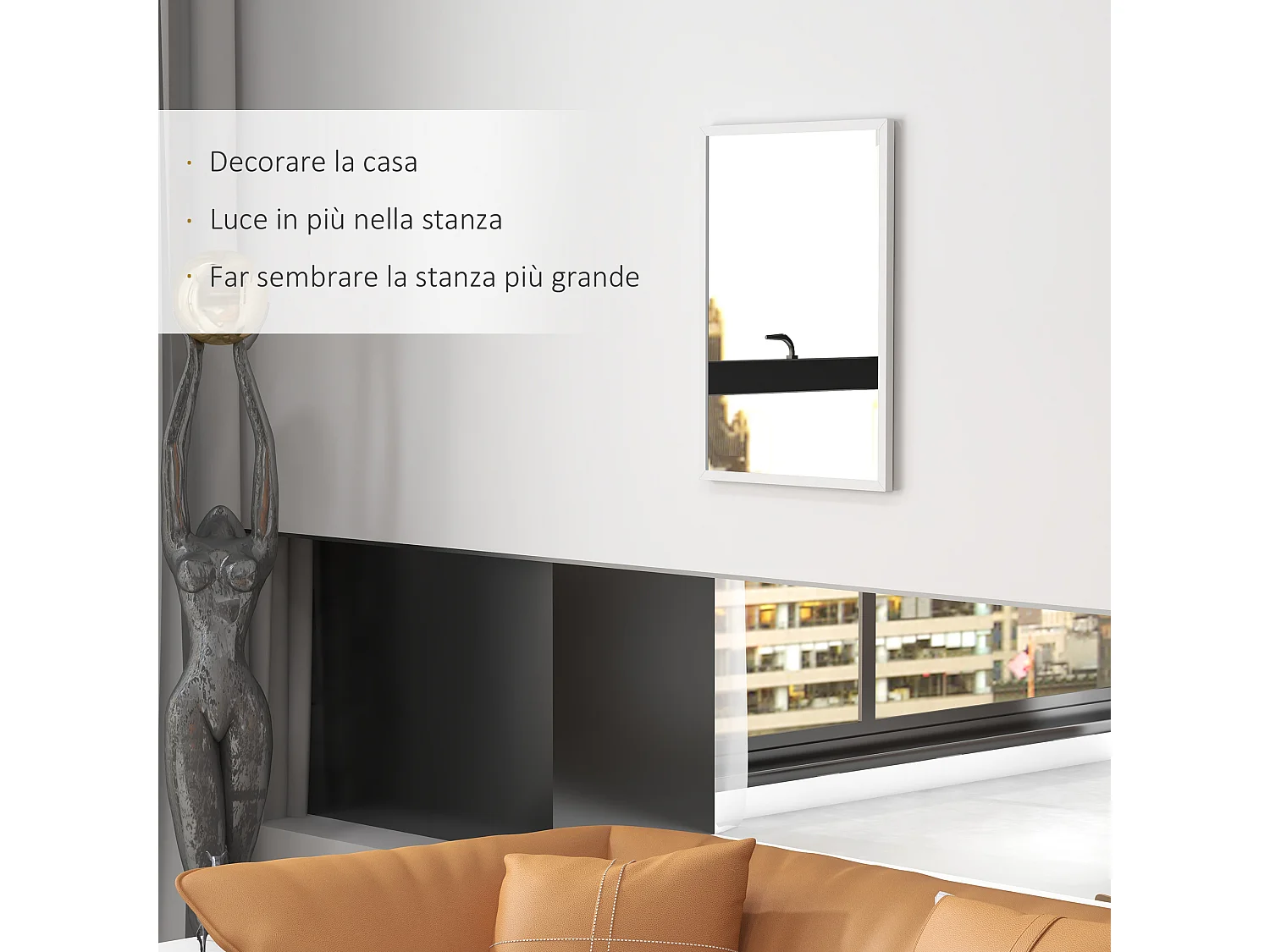 Specchio da parete rettangolare in vetro mdf con ganci 50x70cm bianco