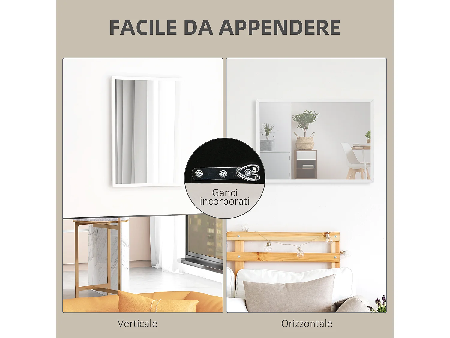 Specchio da parete rettangolare in vetro mdf con ganci 50x70cm bianco