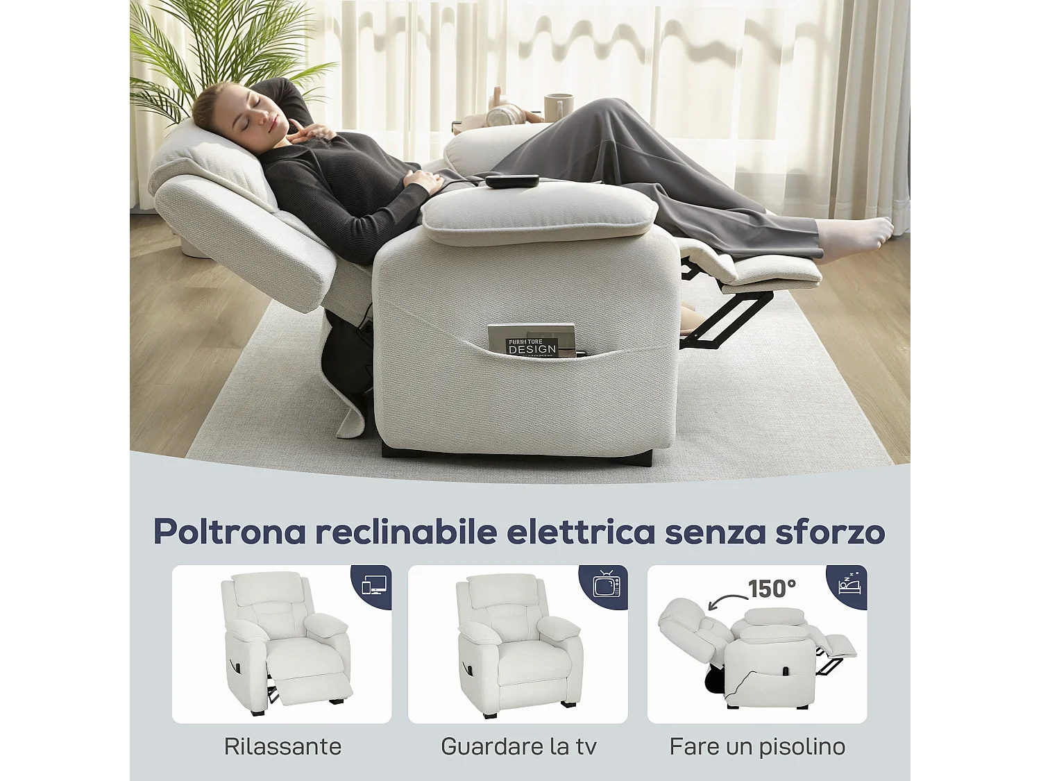 Poltrona reclinabile 150° vellutata con poggiapiedi telecomando beige