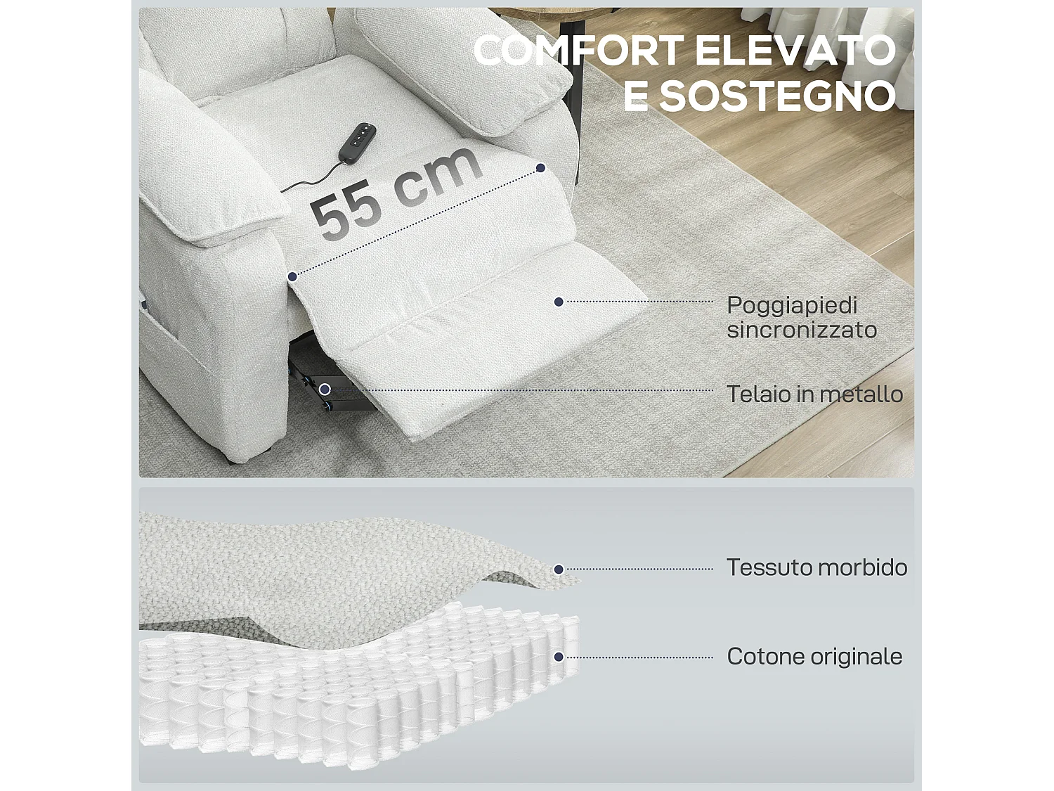 Poltrona reclinabile 150° vellutata con poggiapiedi telecomando beige