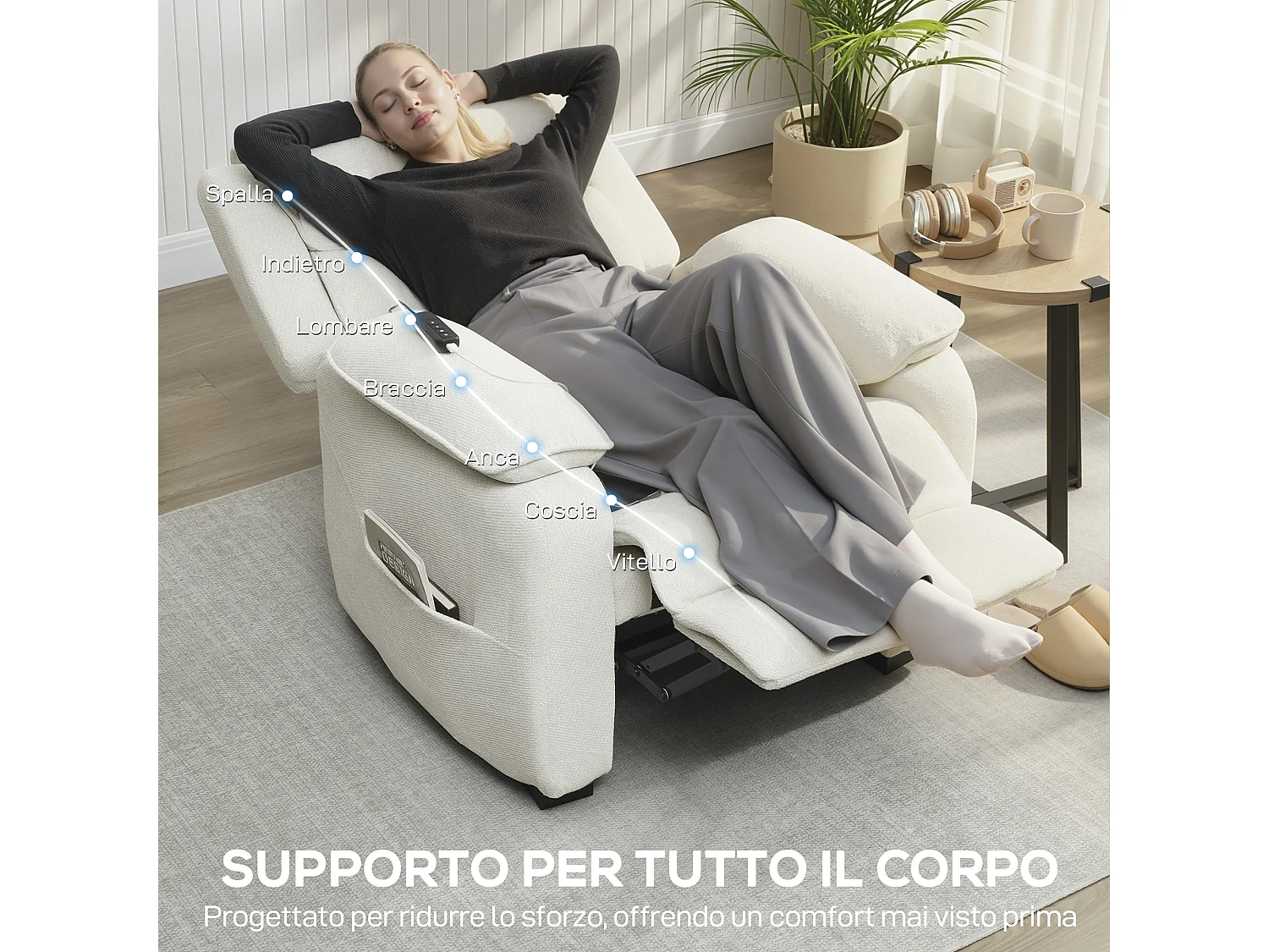 Poltrona reclinabile 150° vellutata con poggiapiedi telecomando beige