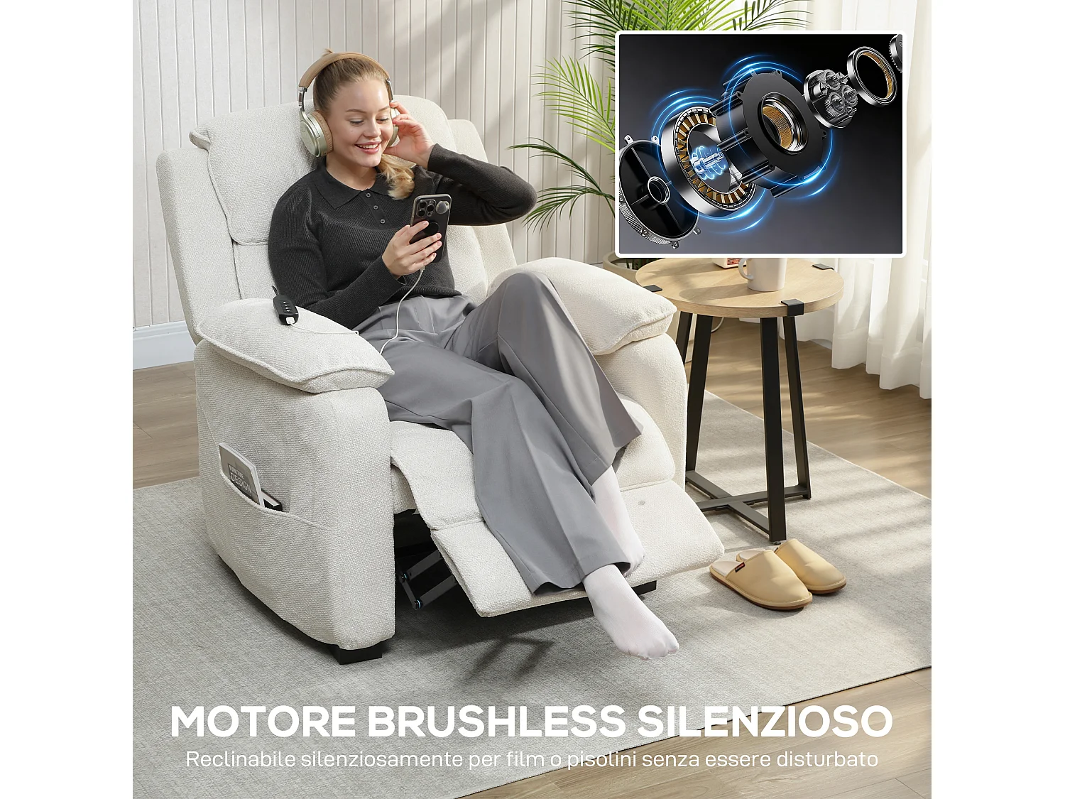 Poltrona reclinabile 150° vellutata con poggiapiedi telecomando beige