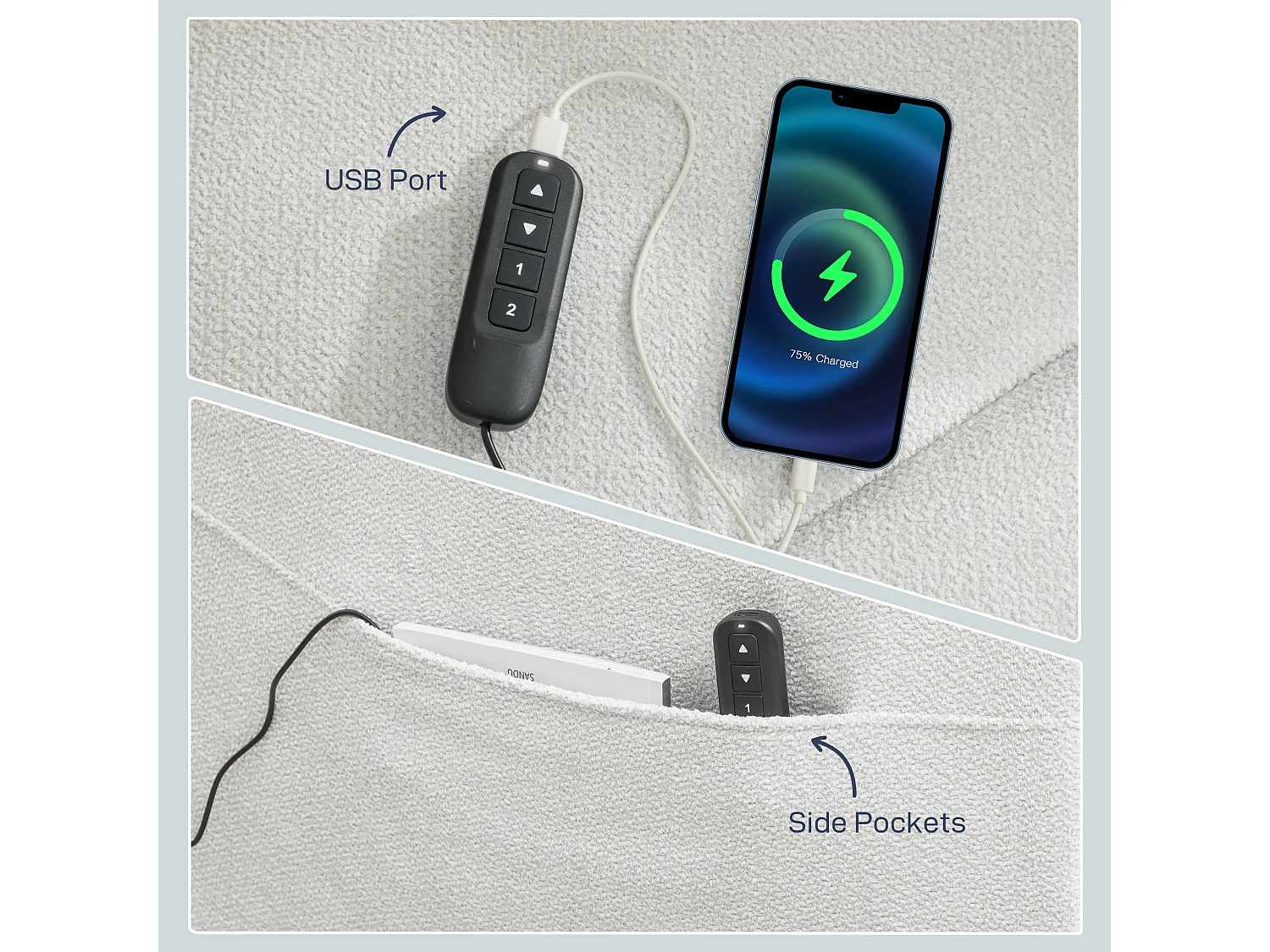 Poltrona reclinabile 150° vellutata con poggiapiedi telecomando beige