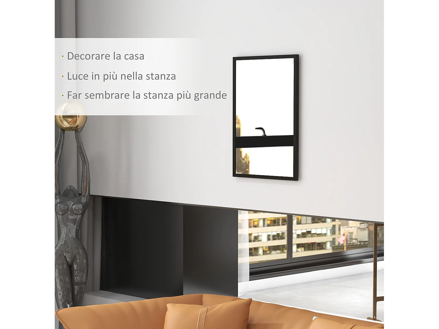 Specchio da parete rettangolare in vetro e mdf con ganci 50x70 cm nero