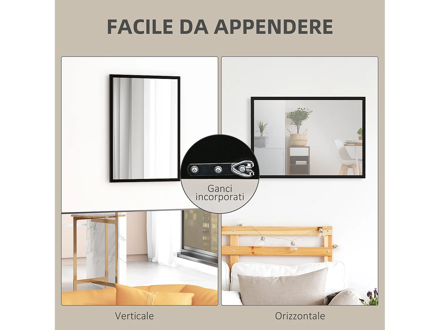 Specchio da parete rettangolare in vetro e mdf con ganci 50x70 cm nero