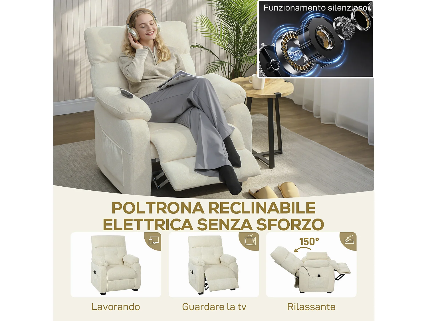 Poltrona reclinabile 150° vellutata con poggiapiedi telecomando bianca