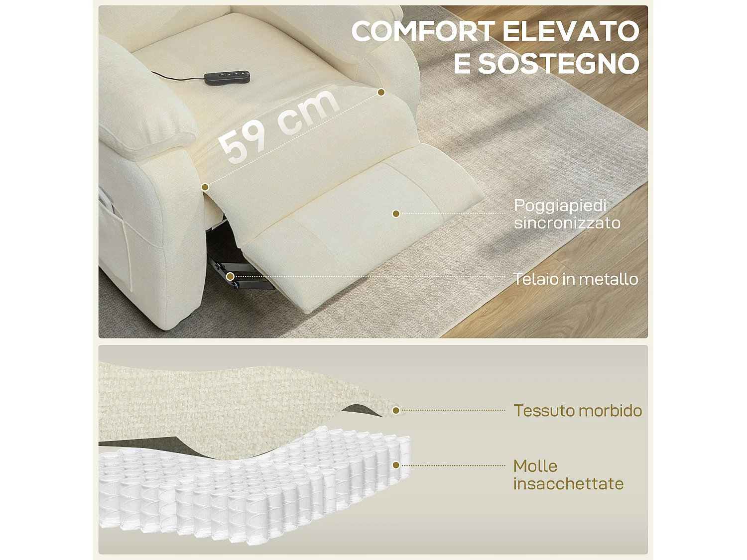 Poltrona reclinabile 150° vellutata con poggiapiedi telecomando bianca