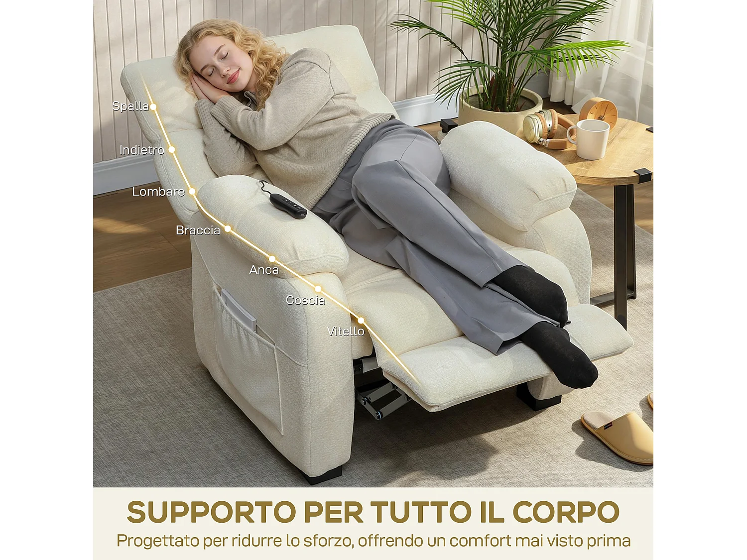 Poltrona reclinabile 150° vellutata con poggiapiedi telecomando bianca