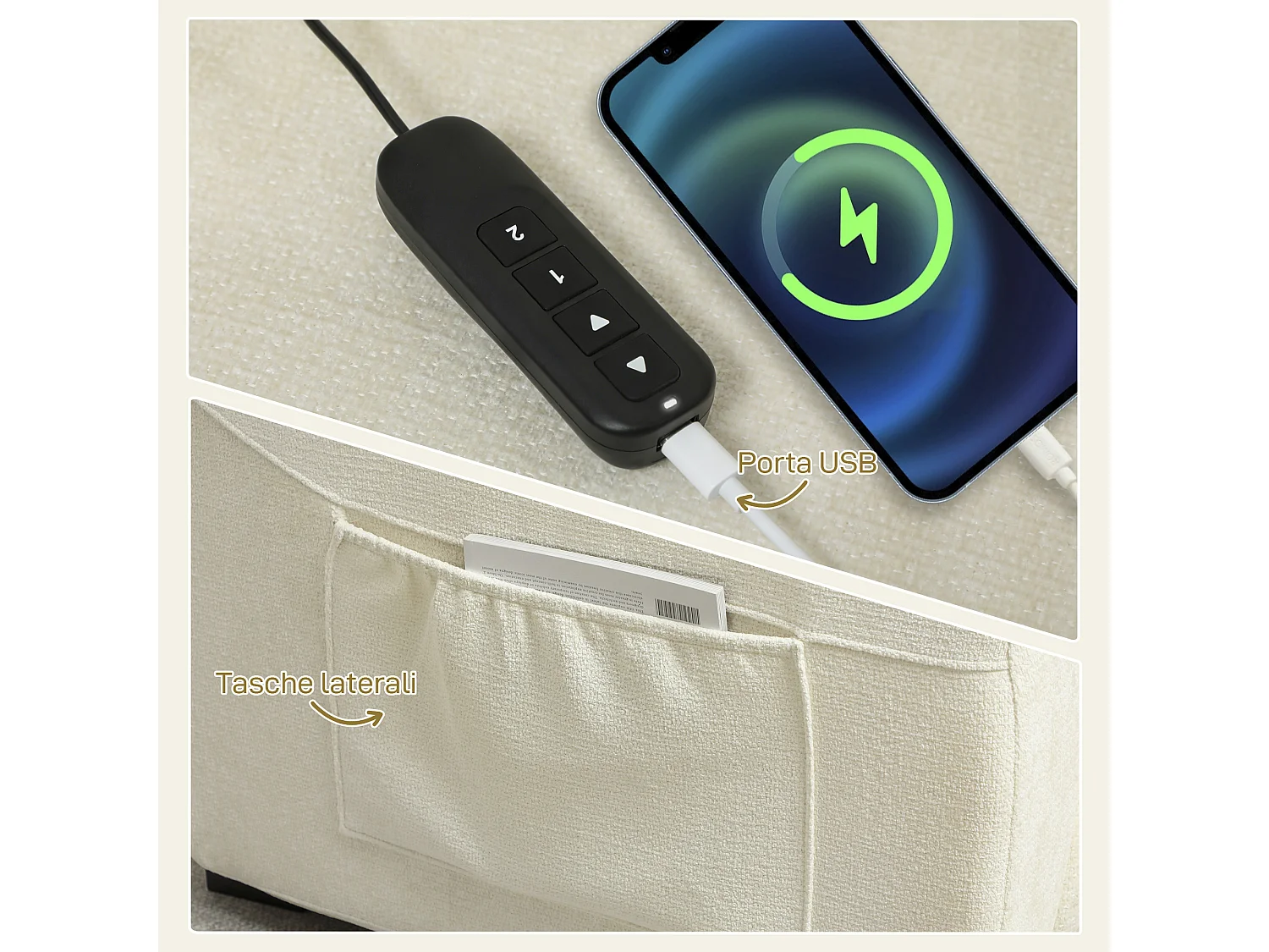 Poltrona reclinabile 150° vellutata con poggiapiedi telecomando bianca