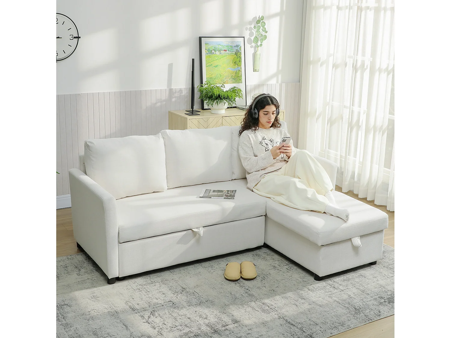 Divano letto effetto lino con chaise longue portaoggetti bianco crema