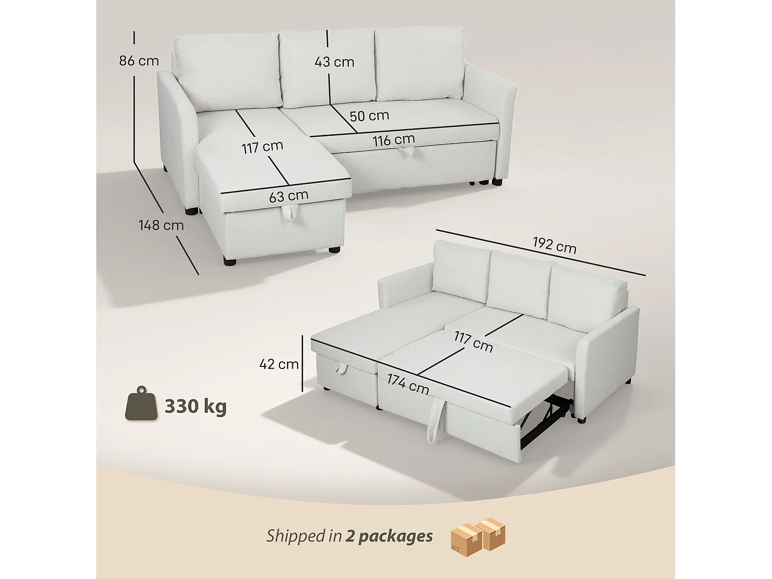 Divano letto effetto lino con chaise longue portaoggetti bianco crema