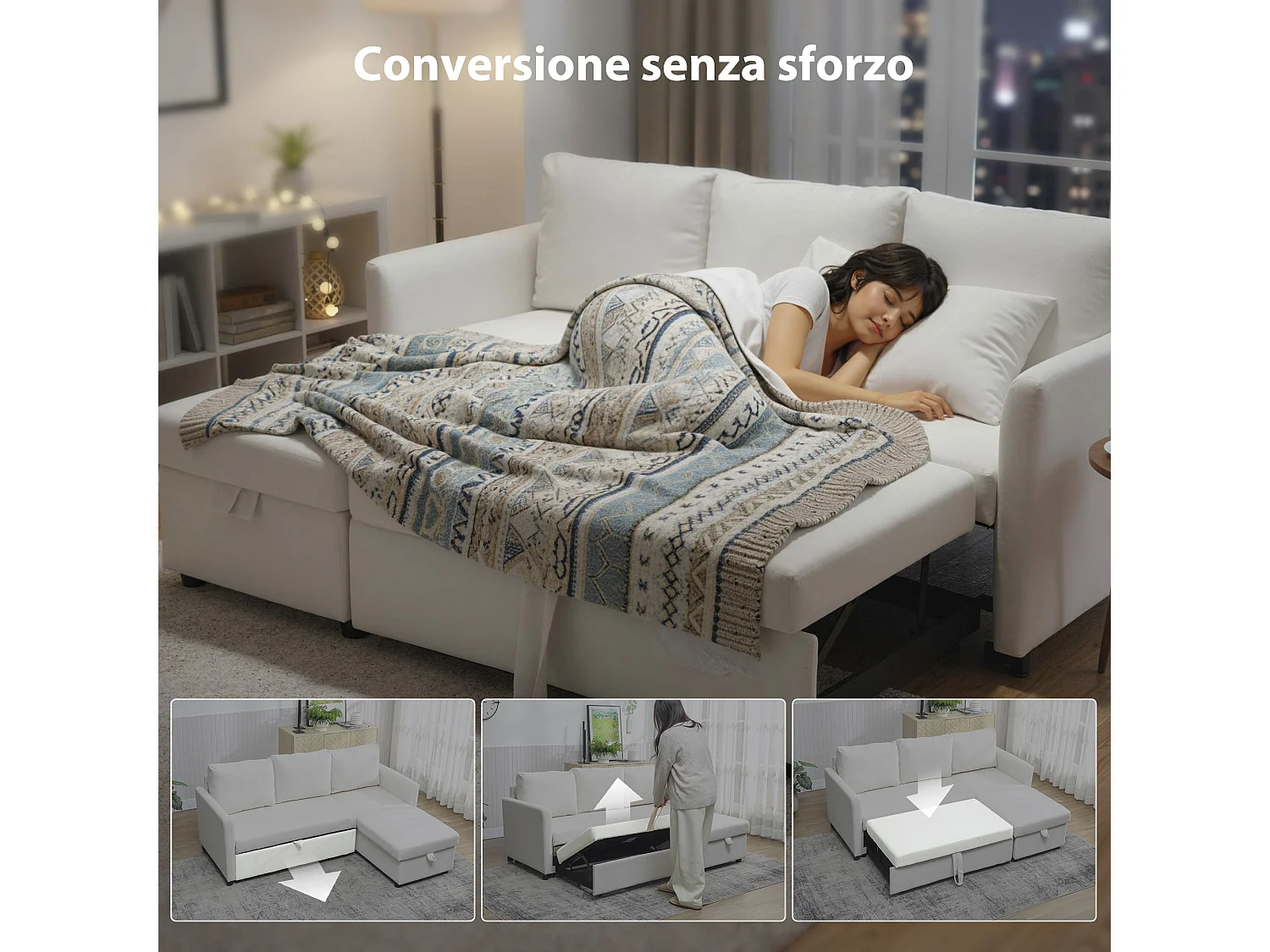 Divano letto effetto lino con chaise longue portaoggetti bianco crema