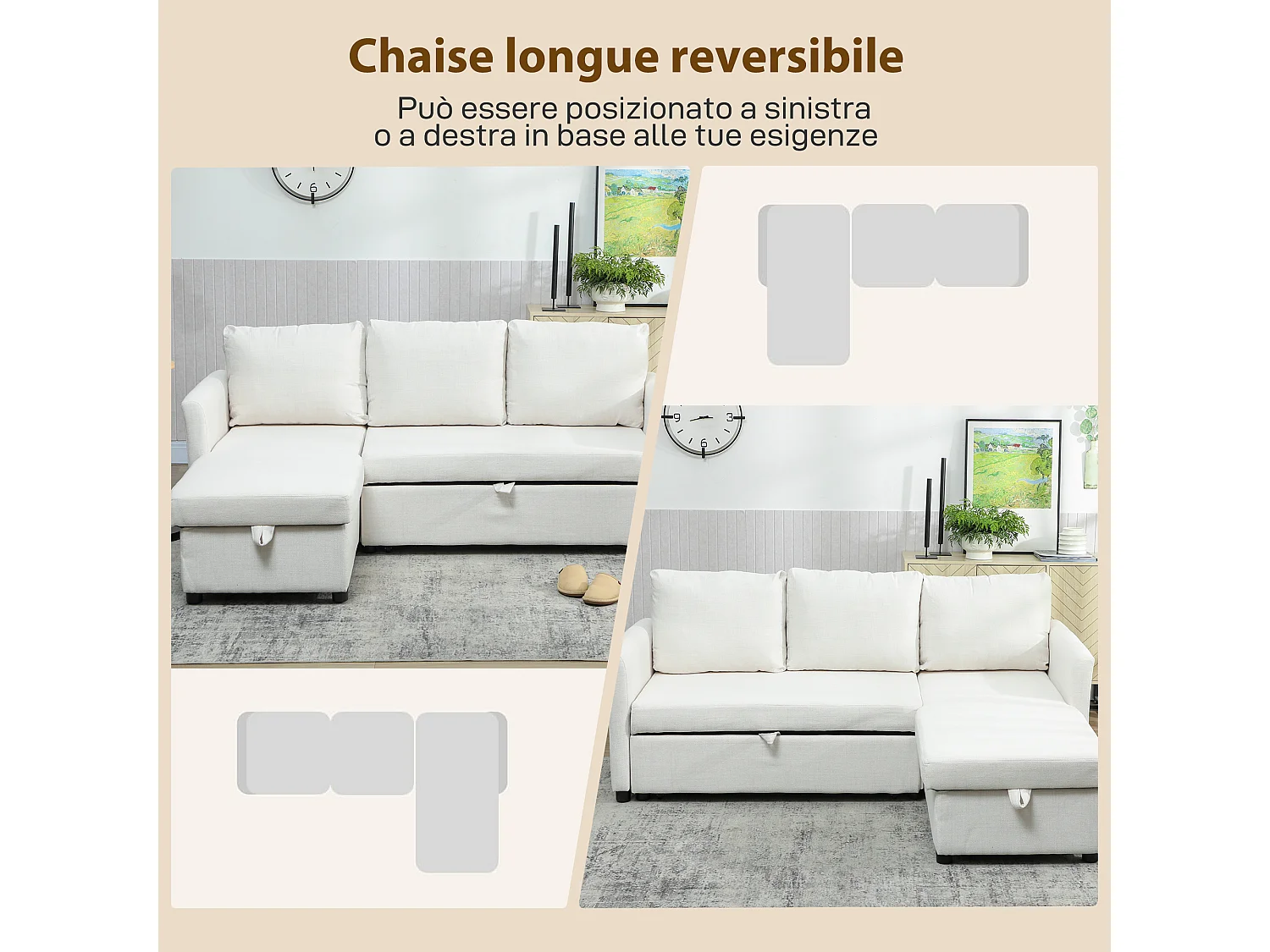 Divano letto effetto lino con chaise longue portaoggetti bianco crema