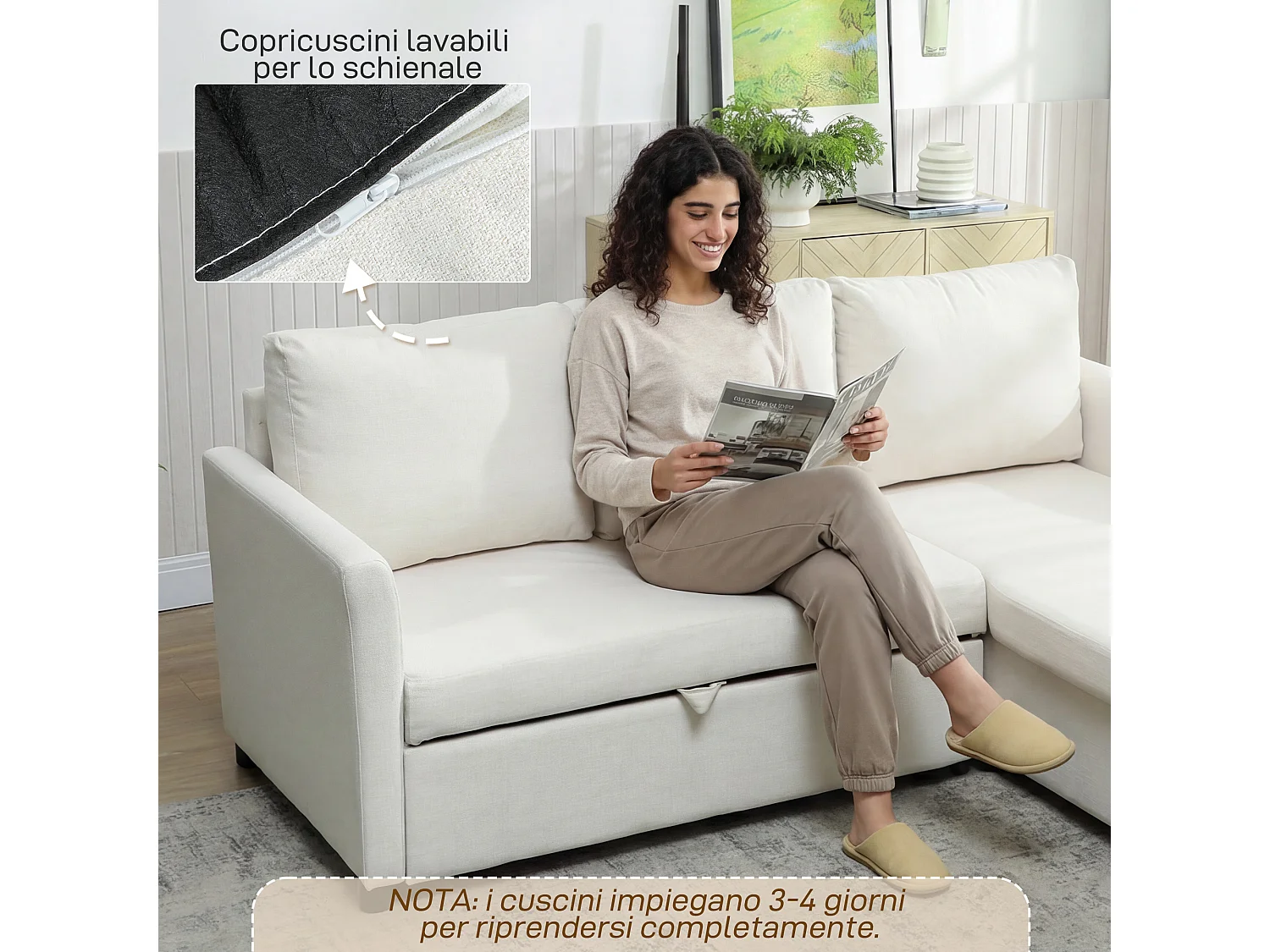 Divano letto effetto lino con chaise longue portaoggetti bianco crema