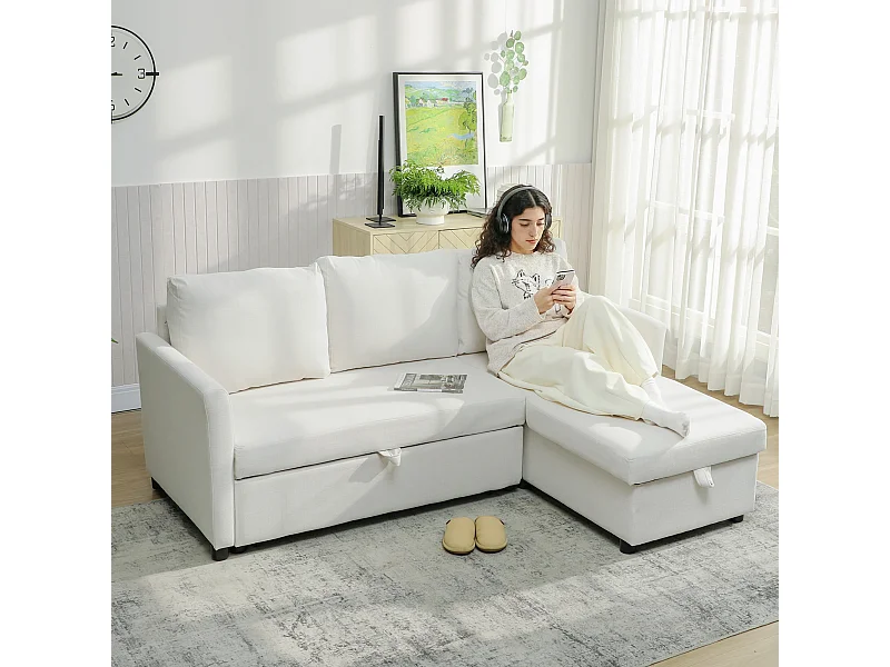 Divano letto effetto lino con chaise longue portaoggetti bianco crema