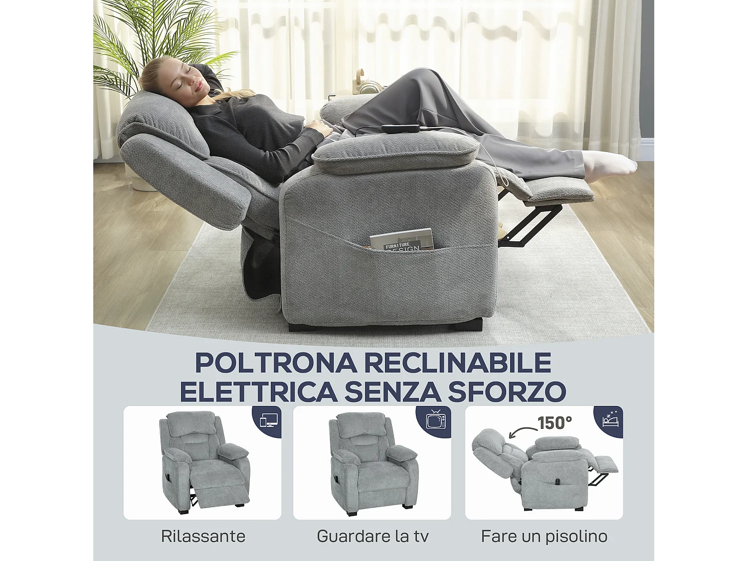 Poltrona reclinabile 150° vellutata con poggiapiedi telecomando grigio
