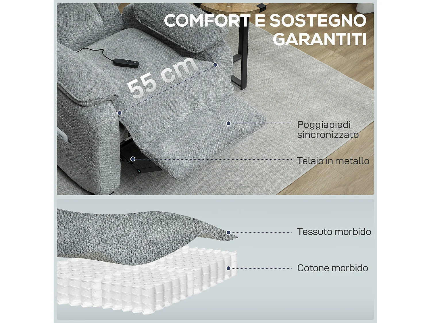 Poltrona reclinabile 150° vellutata con poggiapiedi telecomando grigio