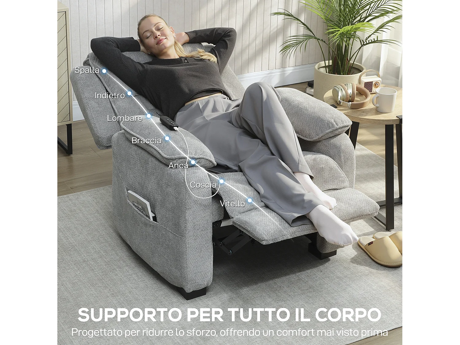 Poltrona reclinabile 150° vellutata con poggiapiedi telecomando grigio