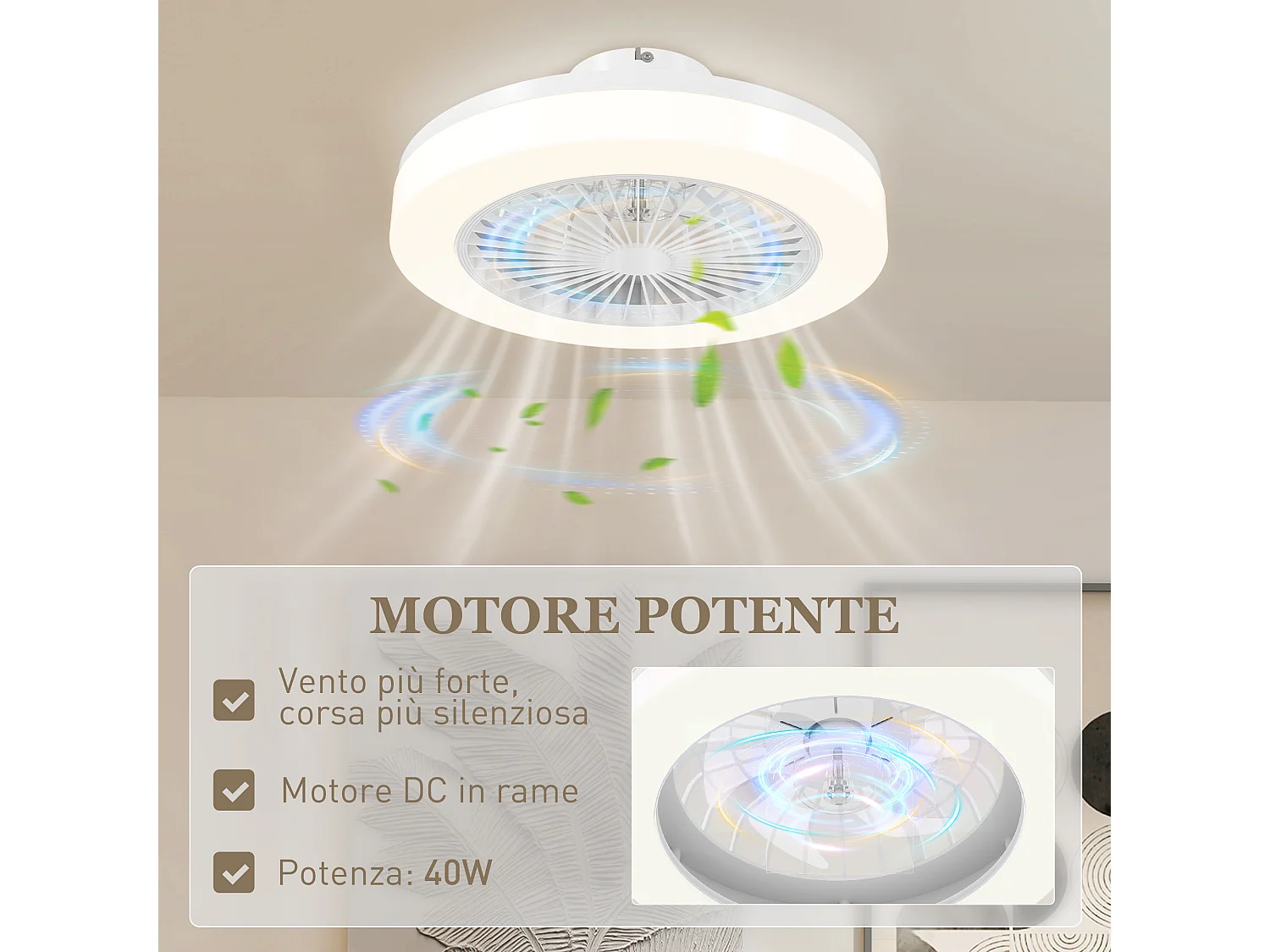 Ventilatore a soffitto con luce led regolabile e 6 velocità bianco