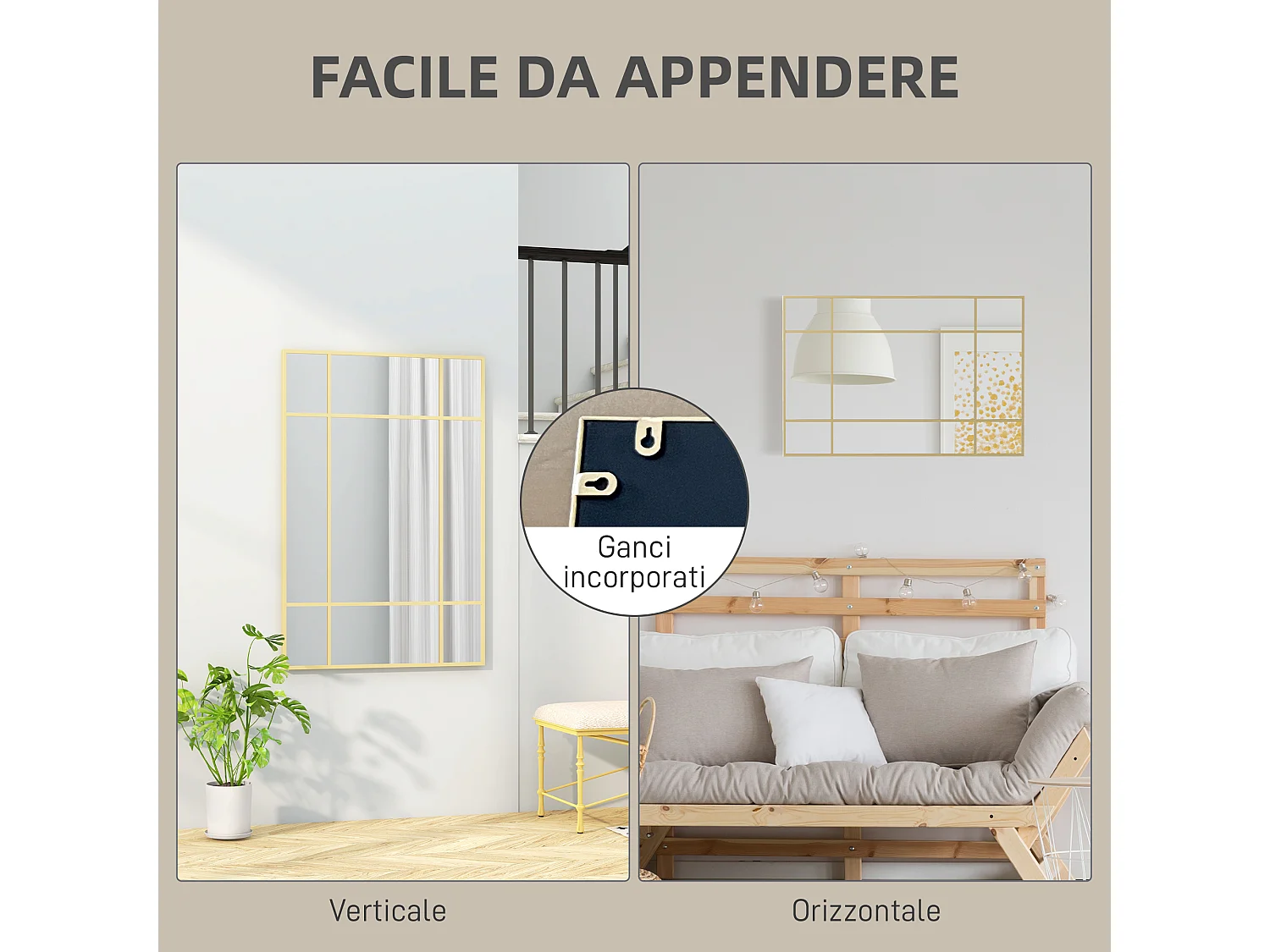 Specchio da parete stile finestra verticale orizzontale 90x60 cm oro