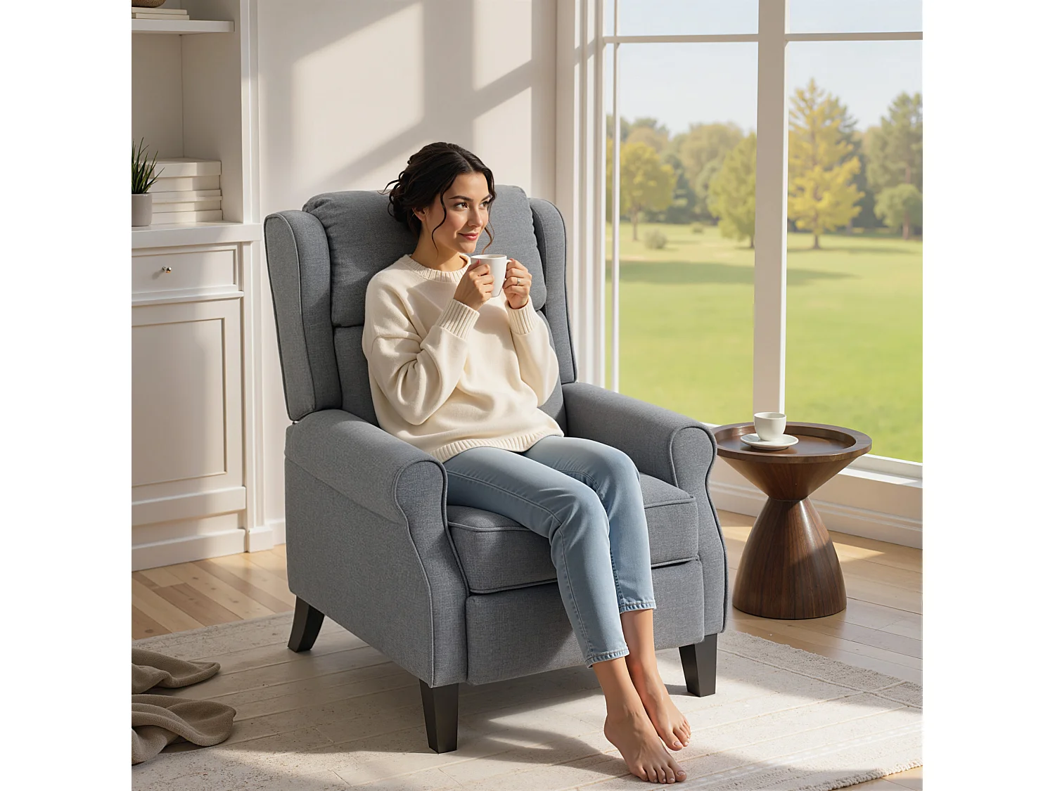 Poltrona reclinabile 132° effetto lino con poggiapiedi grigio