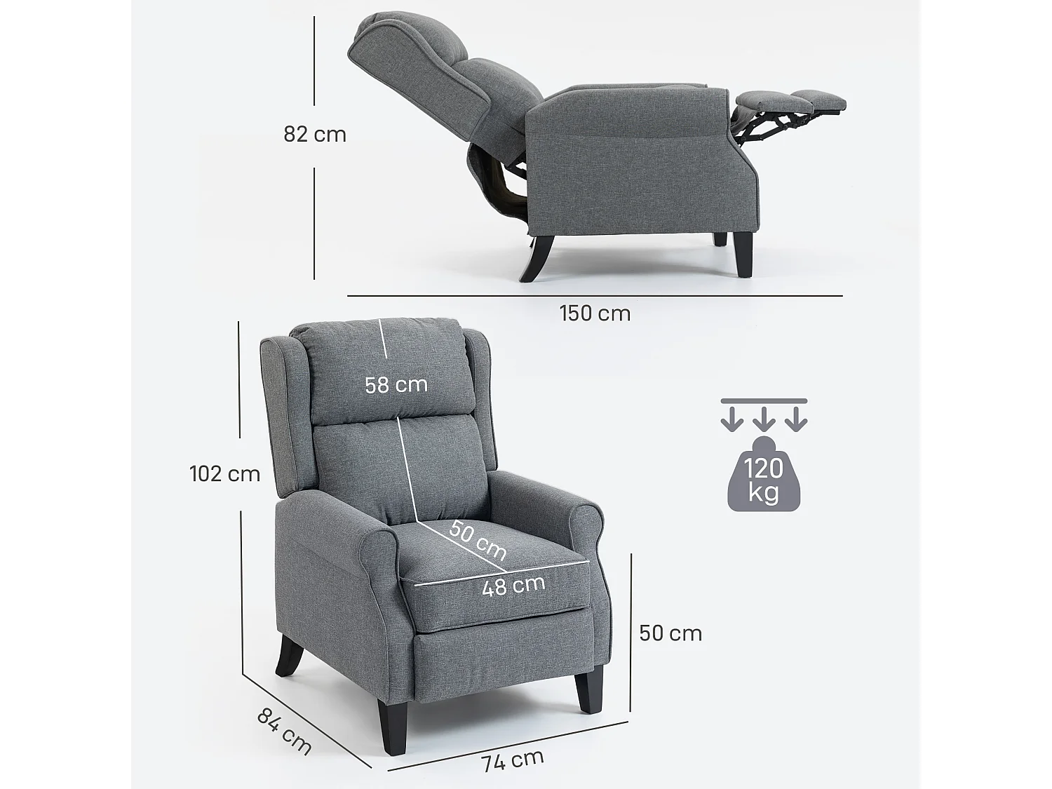 Poltrona reclinabile 132° effetto lino con poggiapiedi grigio