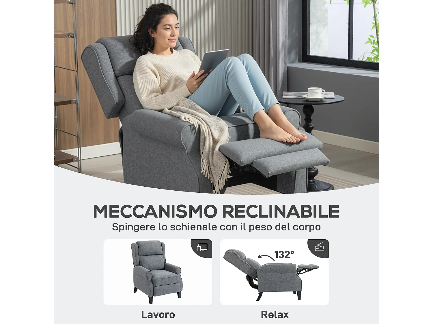 Poltrona reclinabile 132° effetto lino con poggiapiedi grigio