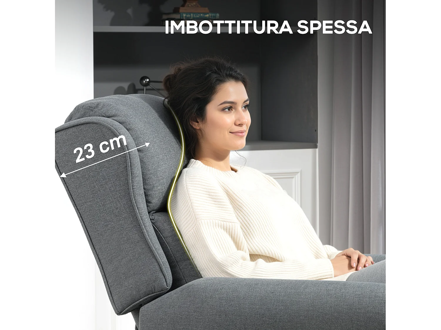 Poltrona reclinabile 132° effetto lino con poggiapiedi grigio