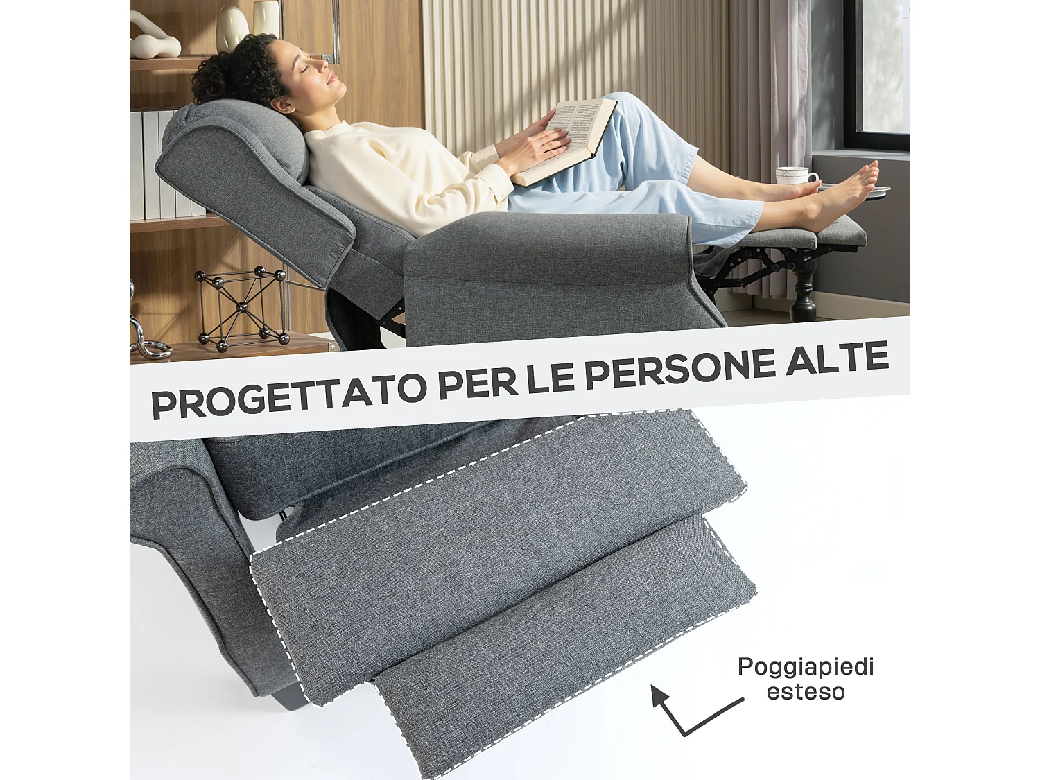 Poltrona reclinabile 132° effetto lino con poggiapiedi grigio