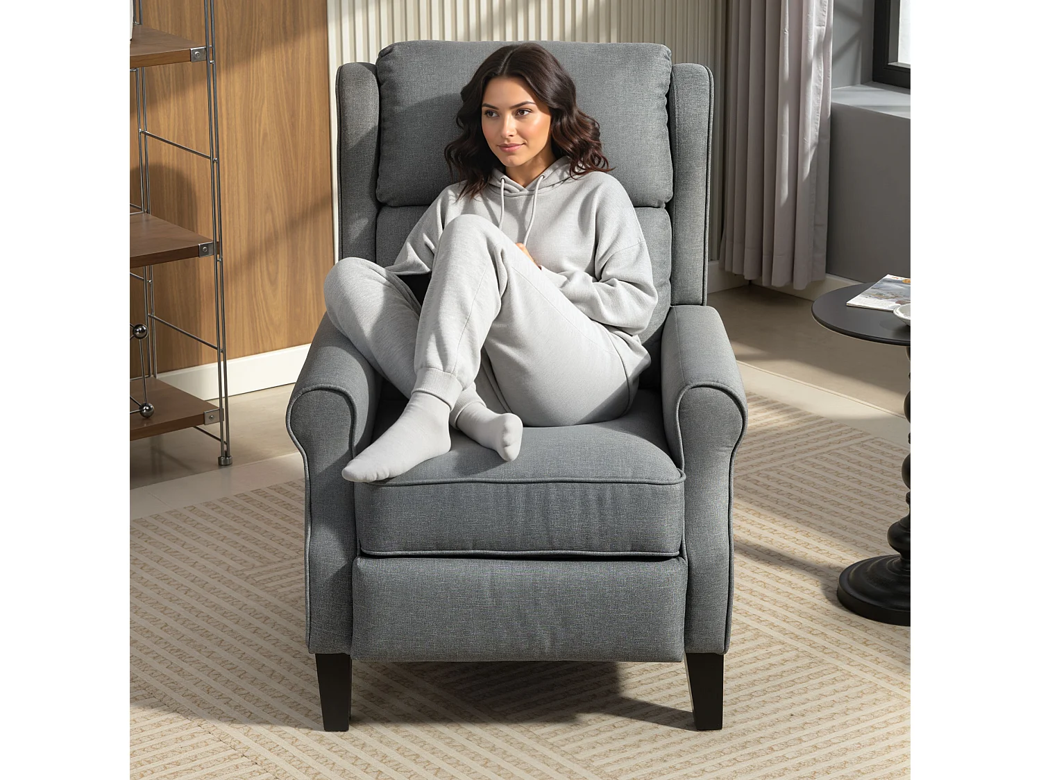 Poltrona reclinabile 132° effetto lino con poggiapiedi grigio
