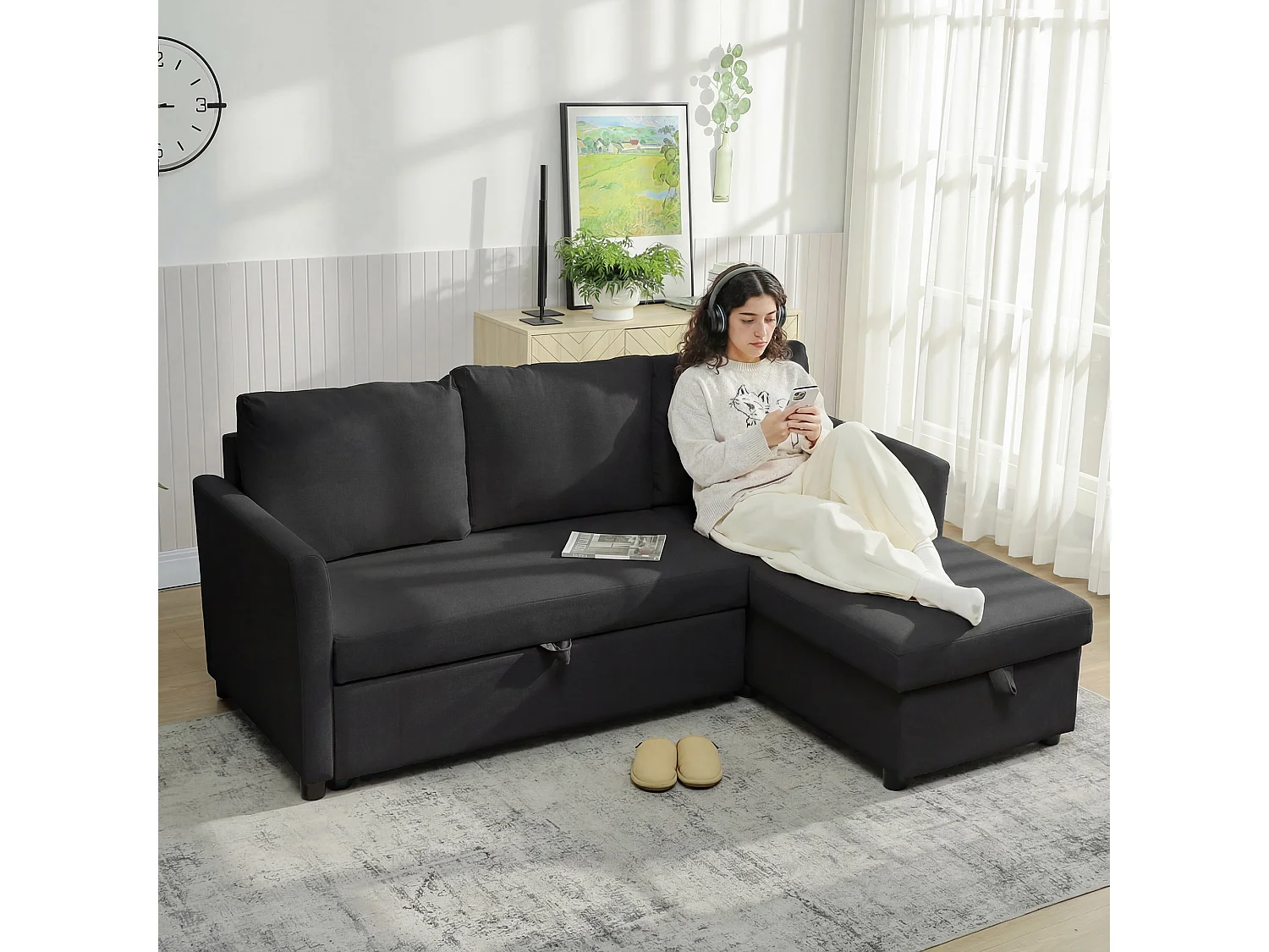 Divano letto effetto lino con penisola portaoggetti grigio antracite