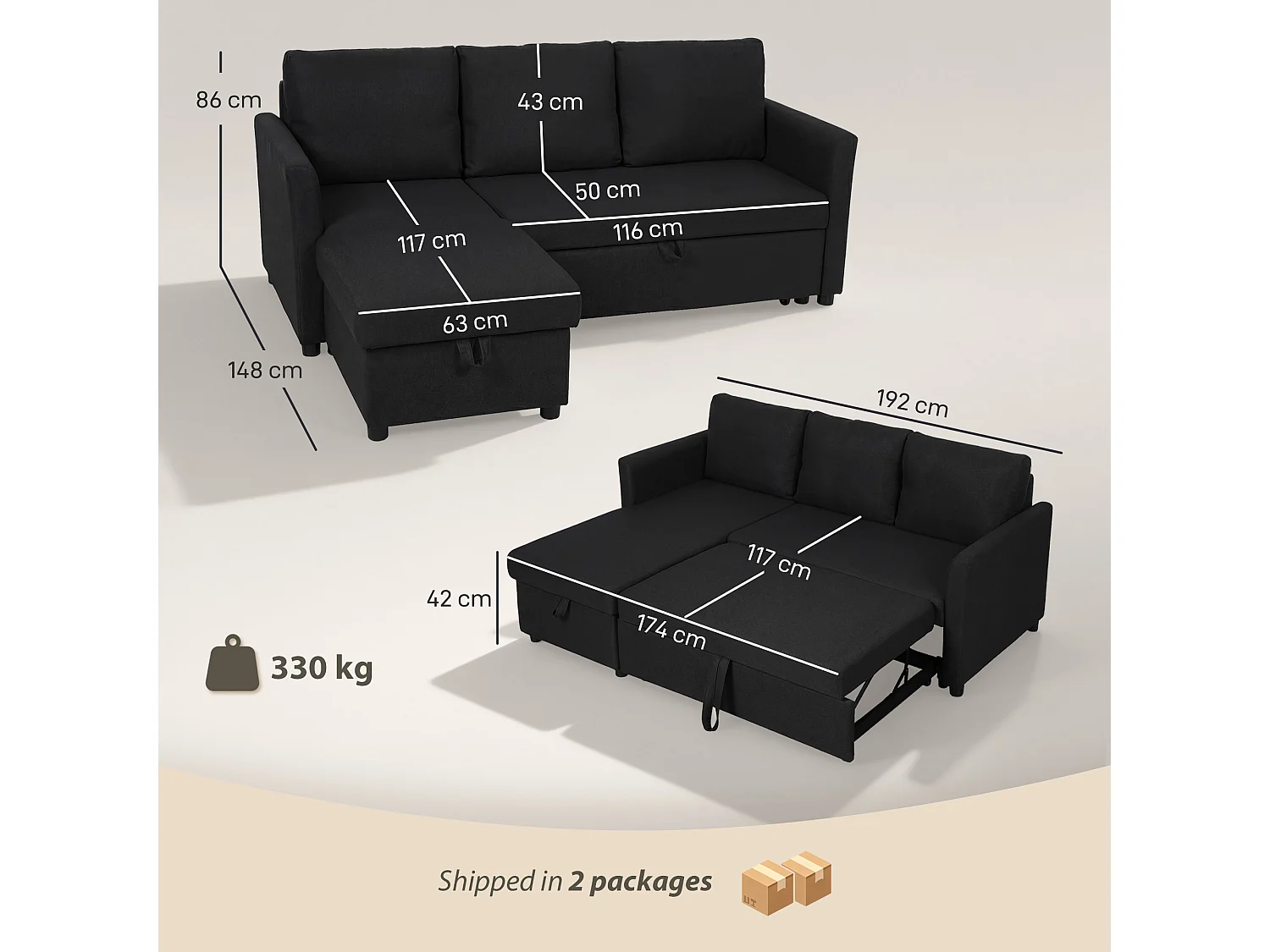 Divano letto effetto lino con penisola portaoggetti grigio antracite