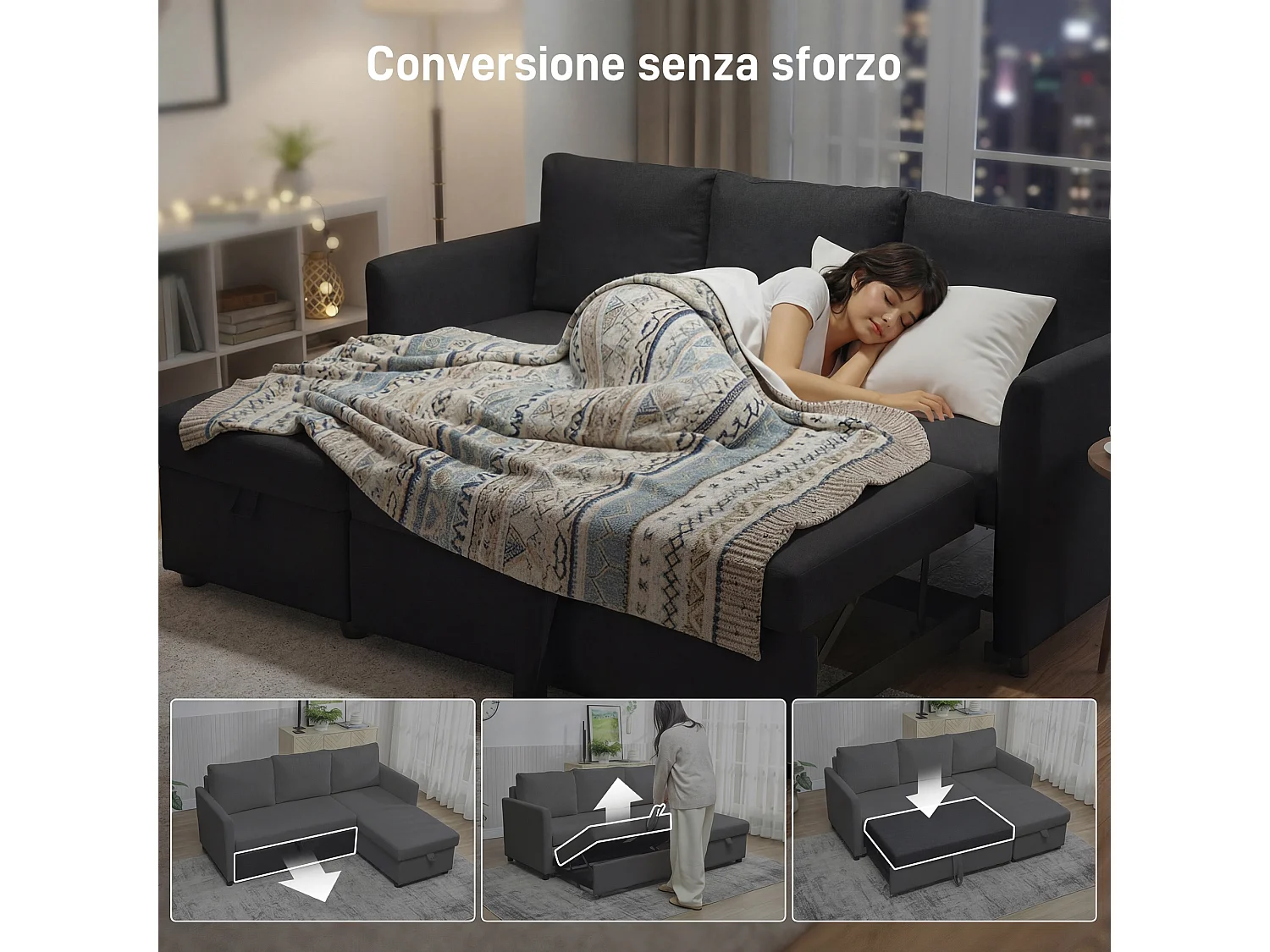 Divano letto effetto lino con penisola portaoggetti grigio antracite