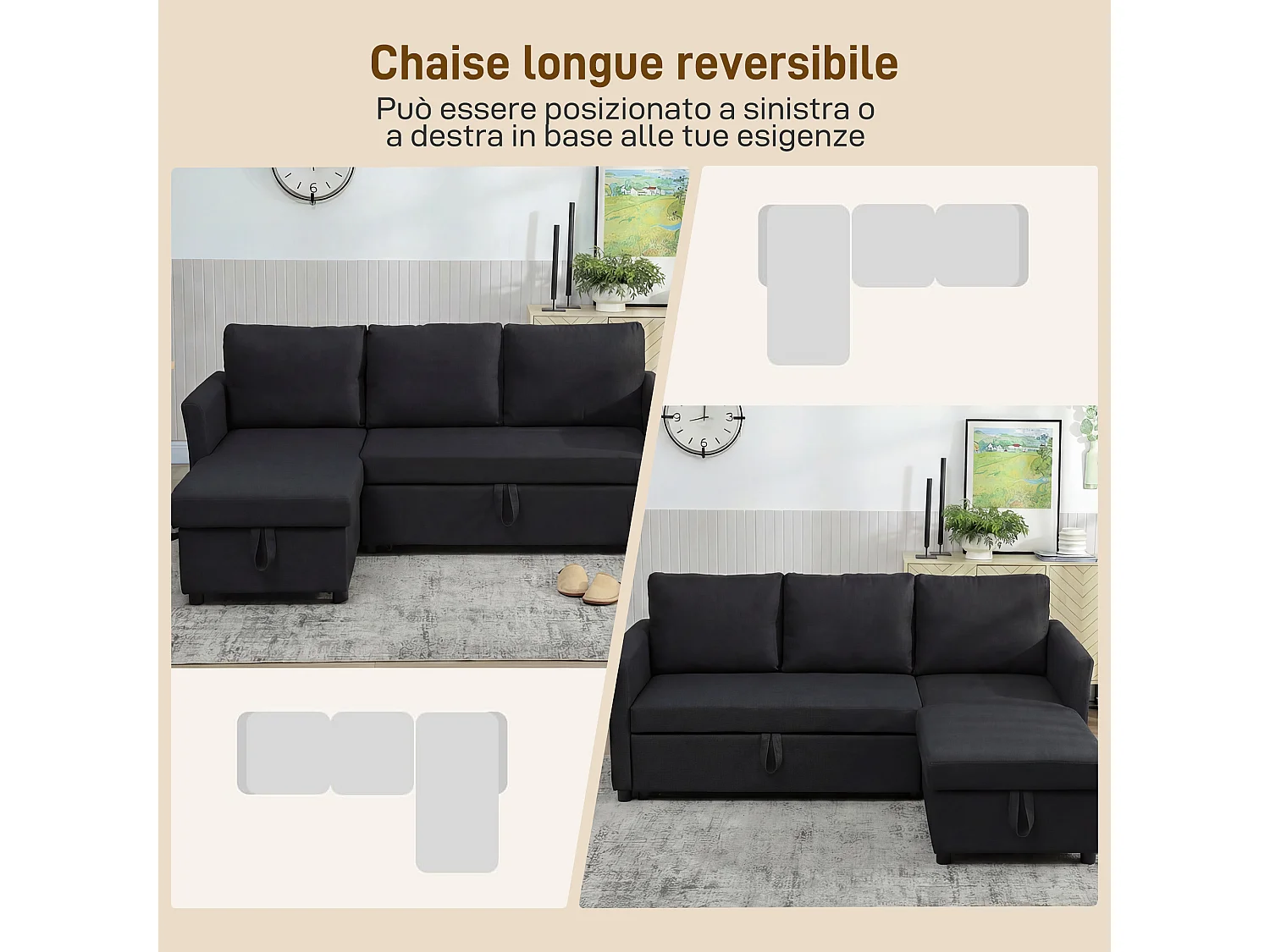 Divano letto effetto lino con penisola portaoggetti grigio antracite