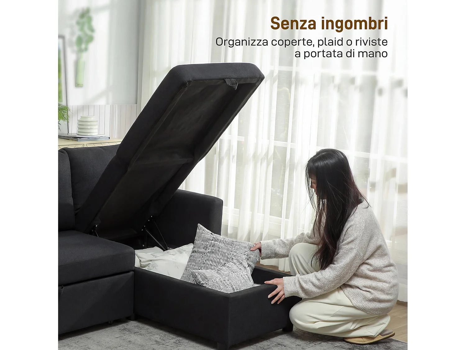 Divano letto effetto lino con penisola portaoggetti grigio antracite